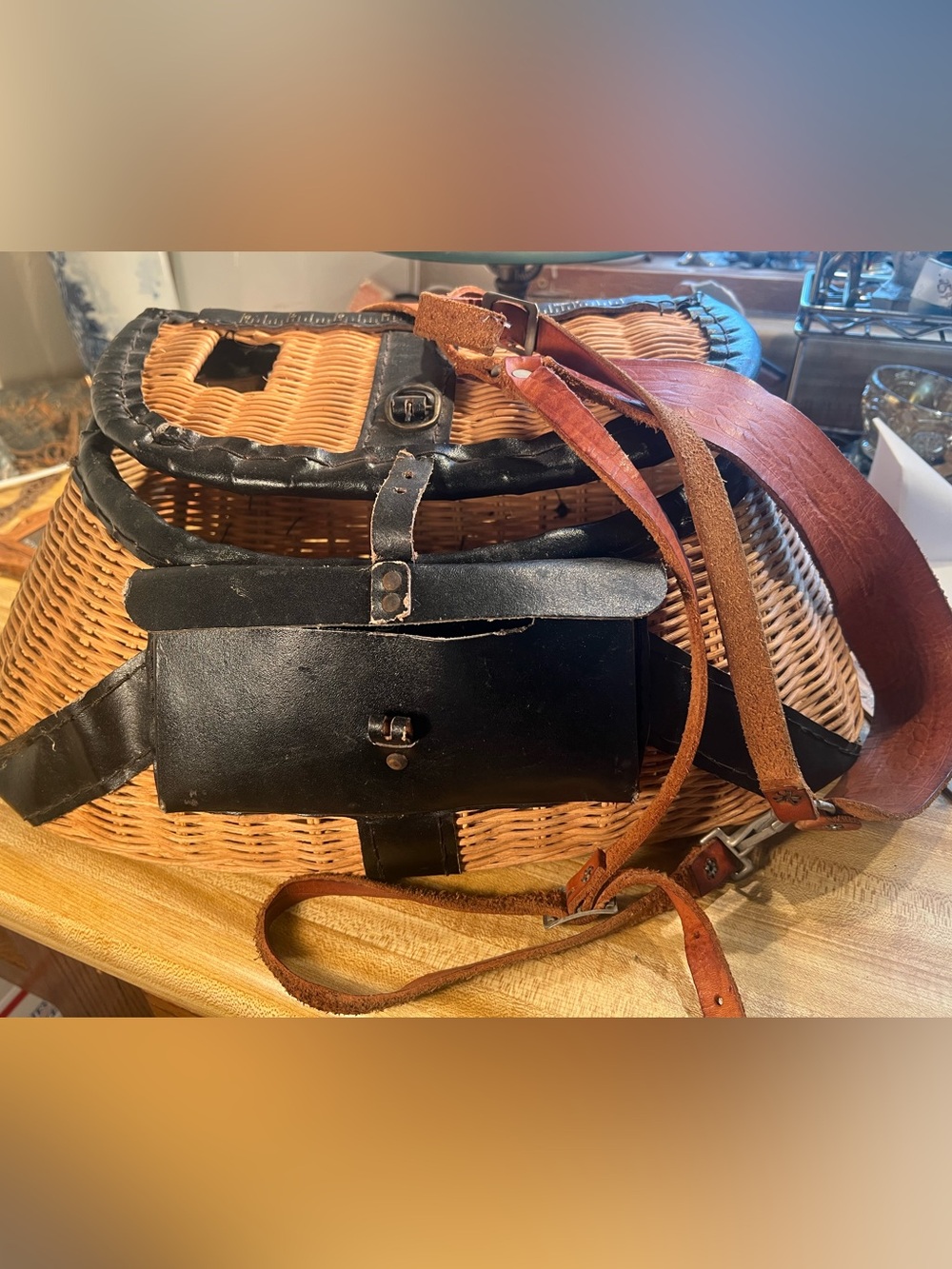 Vintage Fishing Creel with Leather Trim Perfect Cabin Rustic Decor
